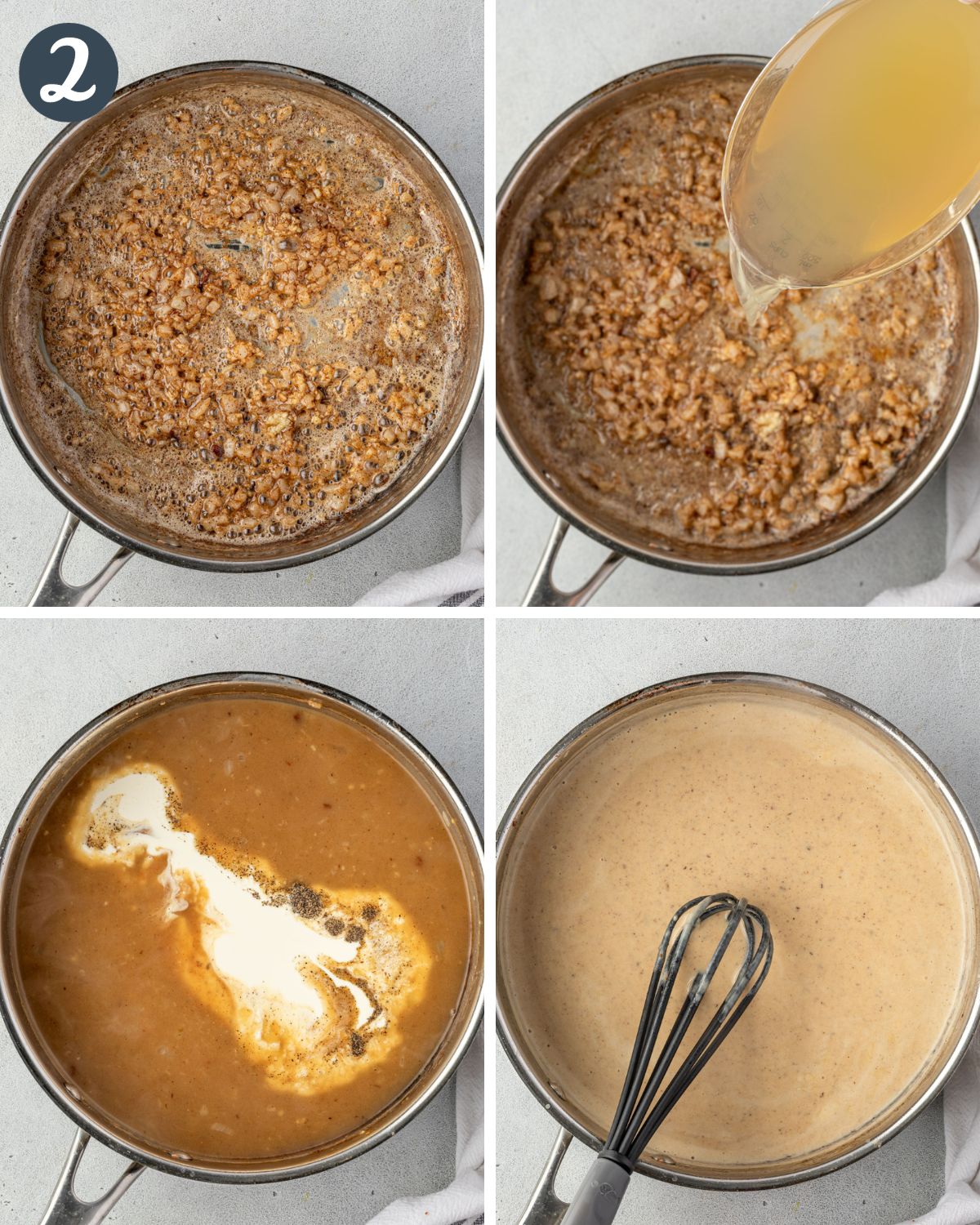 Collage showing the 4 steps of making homemade condensed soup.