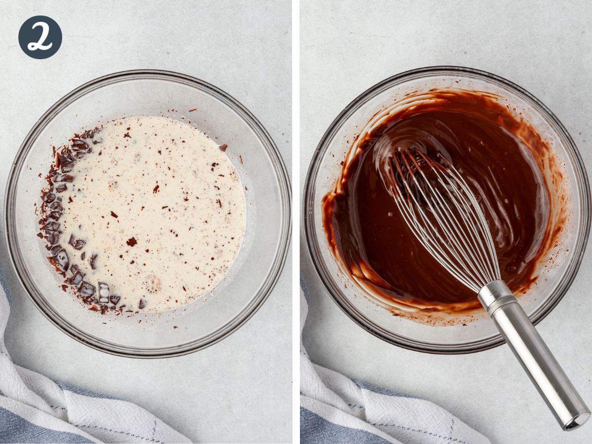 2 images showing chocolate chunks and cream in a bowl, then a whisk with chocolate sauce.