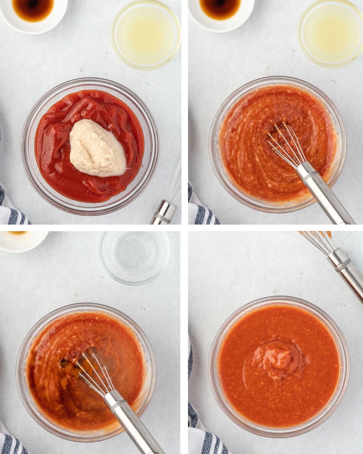 4 images showing the sauce being made, from adding horseradish, to whisking in worcestershire.