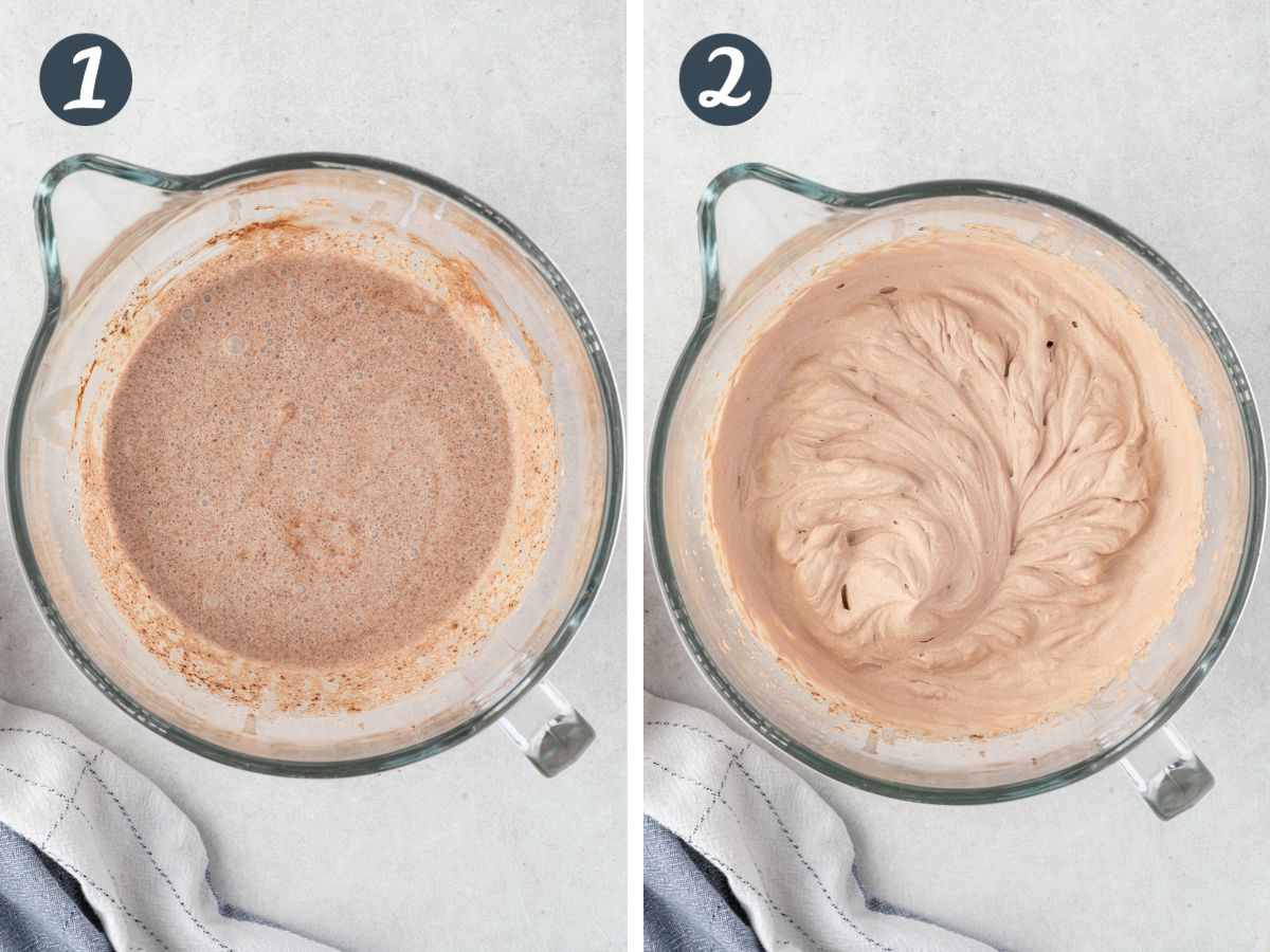 Two images, one showing the frothy ingredients in a mixing bowl and the other as fluffy whipped cream.