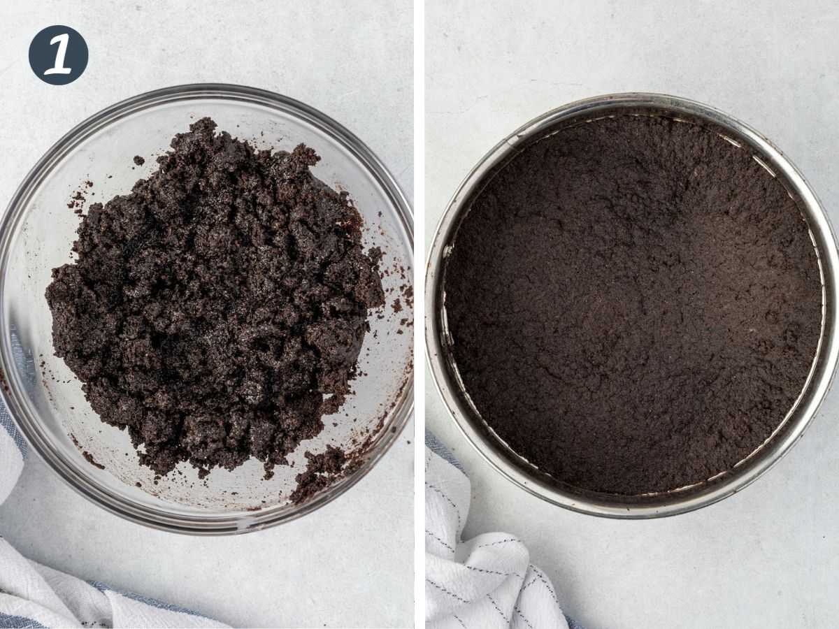 Two images, one with chocolate cookie crumbs in a bowl, and then showing the crumbs pressed into the pan.