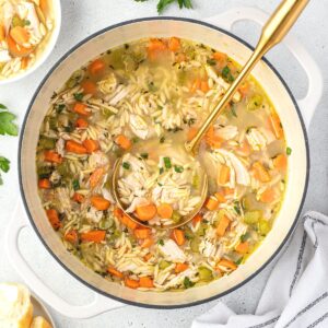 A dutch oven of soup showing chunks of carrots, shredded turkey, and orzo pasta.