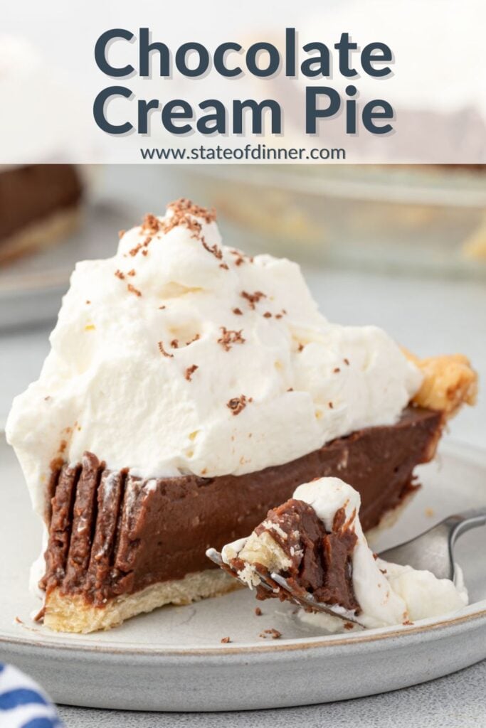 Pinterest pin that says "chocolate cream pie" and has a slice of pie with bite marks on the end.
