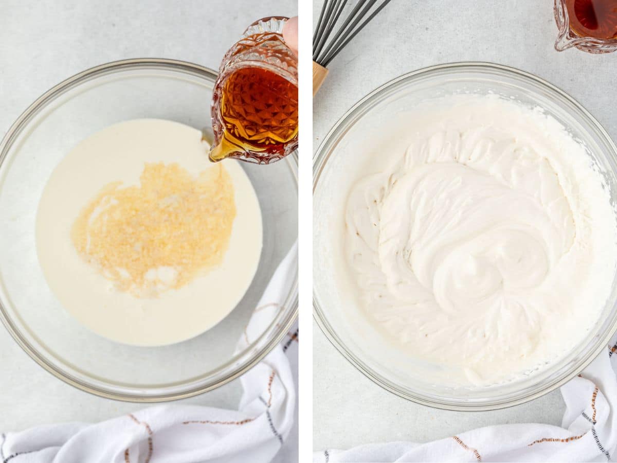 Collage showing maple syrup being poured into a bowl of cream and then whipped together.