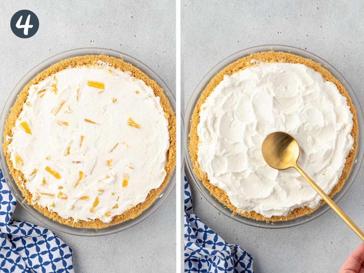 Graham cracker pie crust filled with pineapple filling, then a second image showing a gold spoon spreading cream onto the pie.