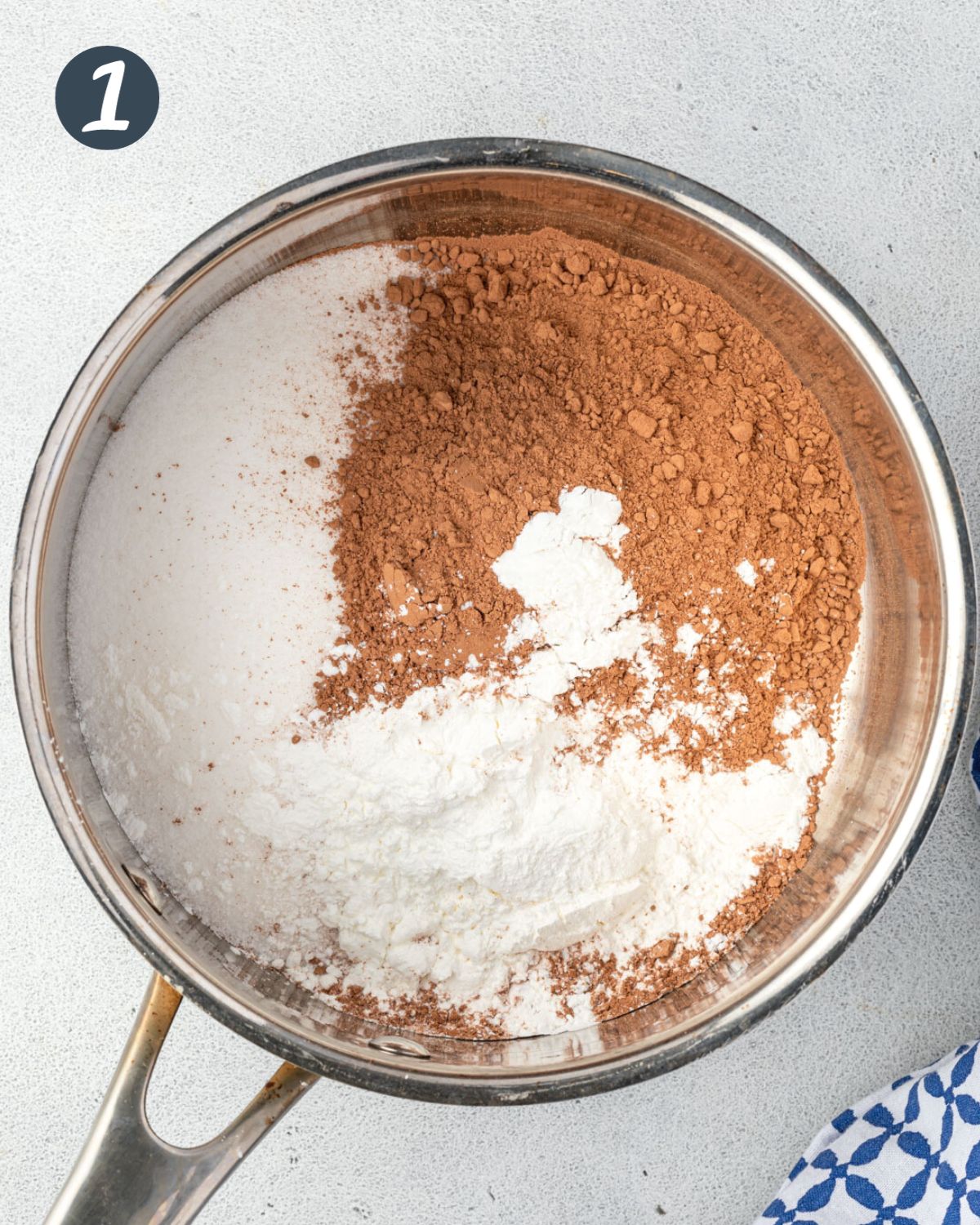 Cocoa powder, sugar, and cornstarch in a stainless steel pan.