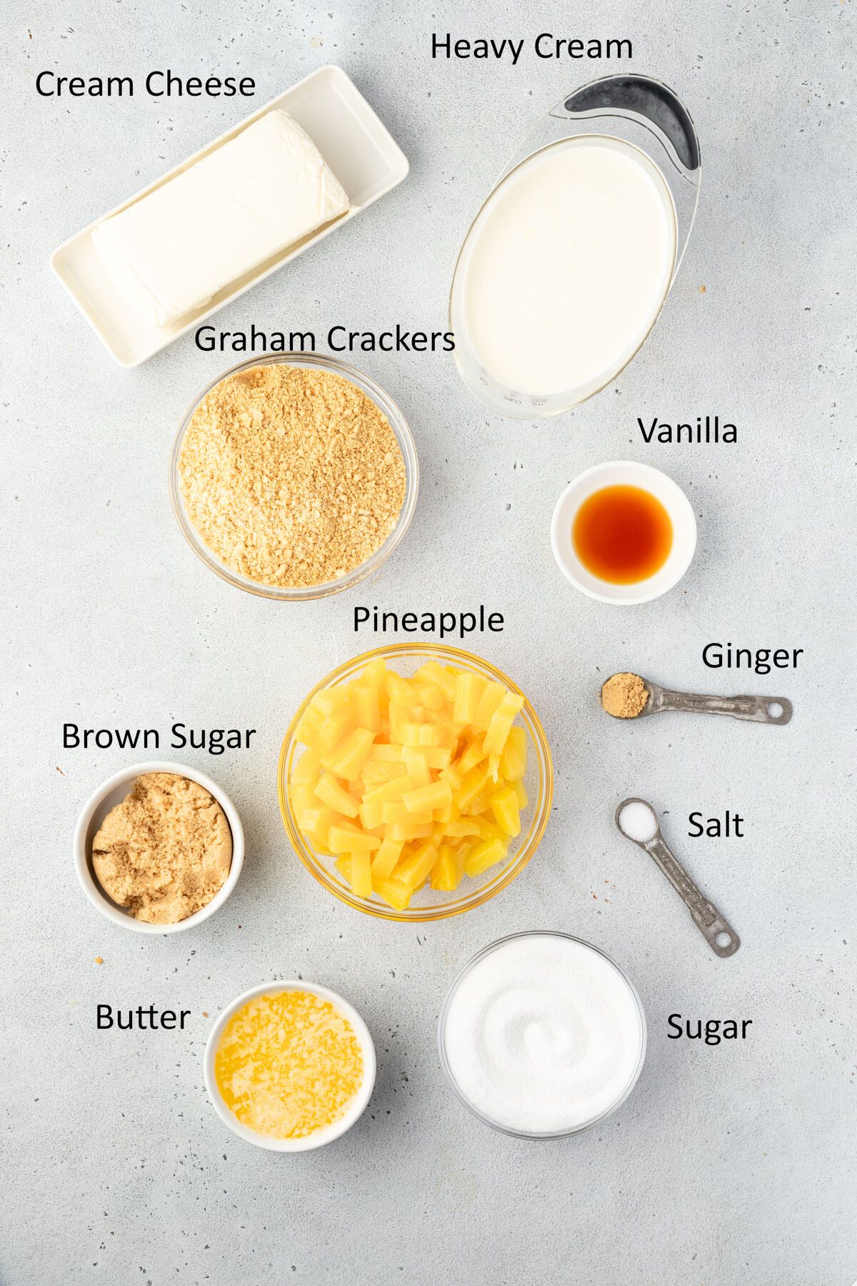 Pineapple pie ingredients in individual bowls.