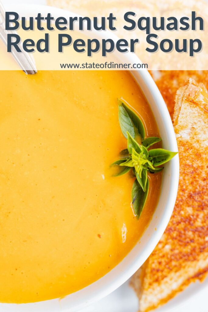 Pinterest pin that says "butternut squash red pepper soup" and shows a bowl of soup.