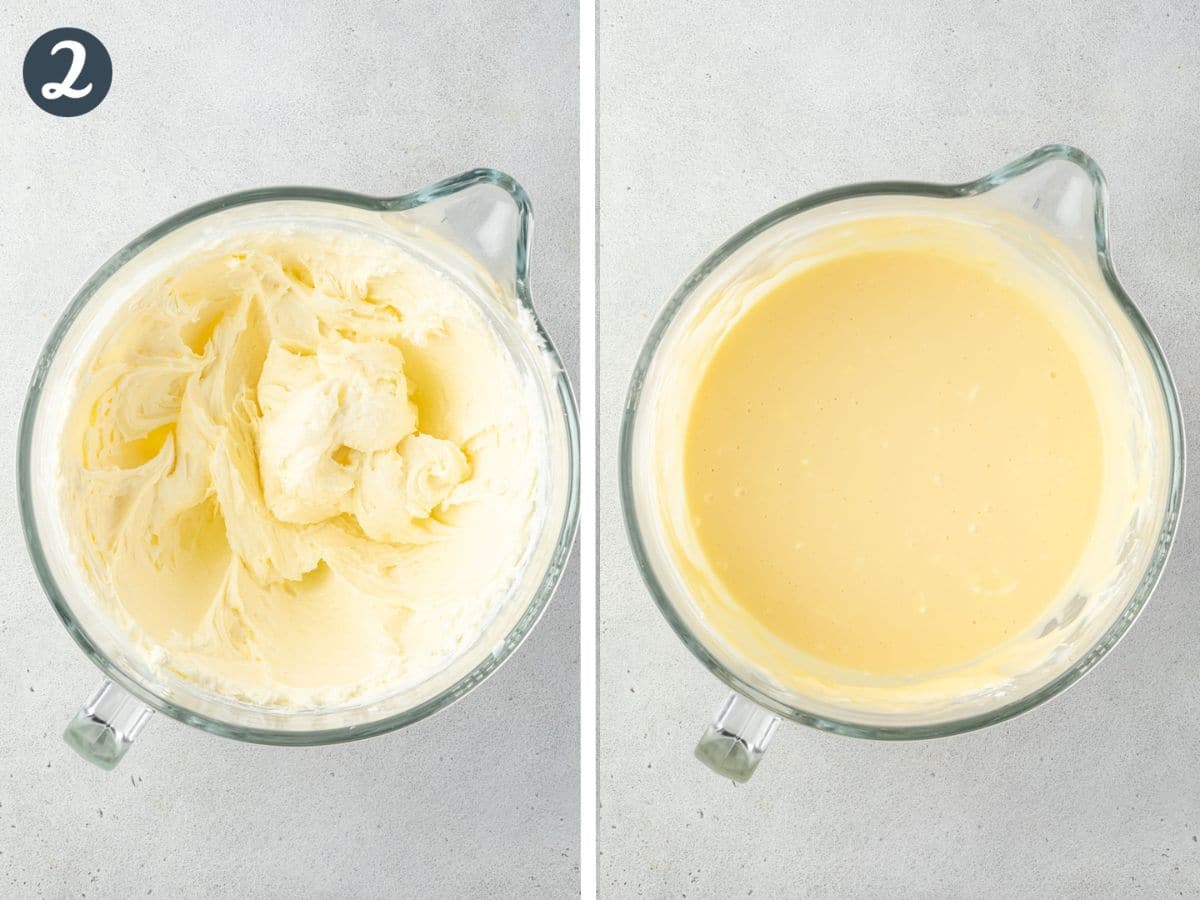 2 image collage, showing sugar and cream cheese fluffy in bowl, and then all of the filling mixed together smoothly.
