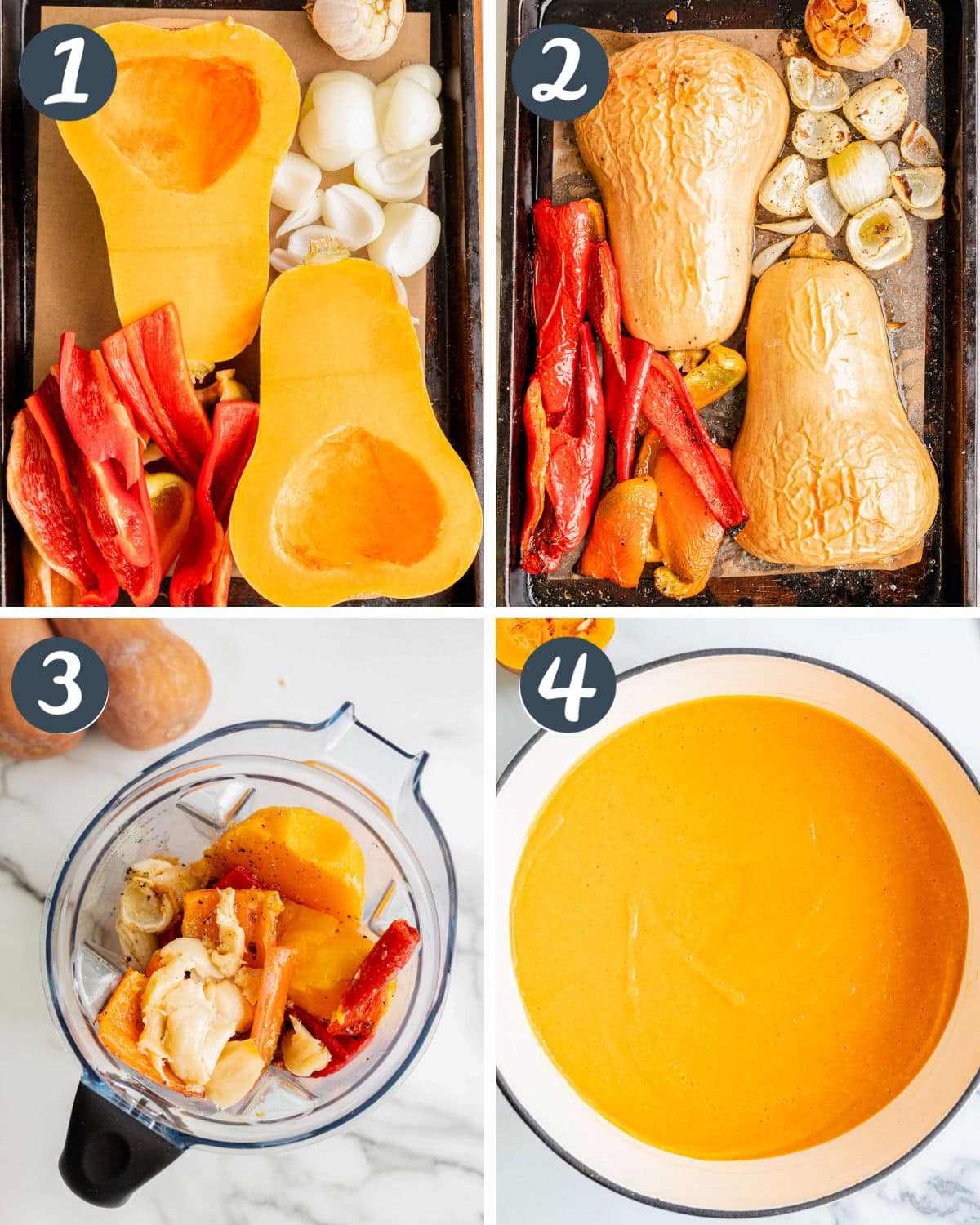 4 images showing the recipe steps, with veggies on a roasting pan, in a blender, and then blended in a pan.