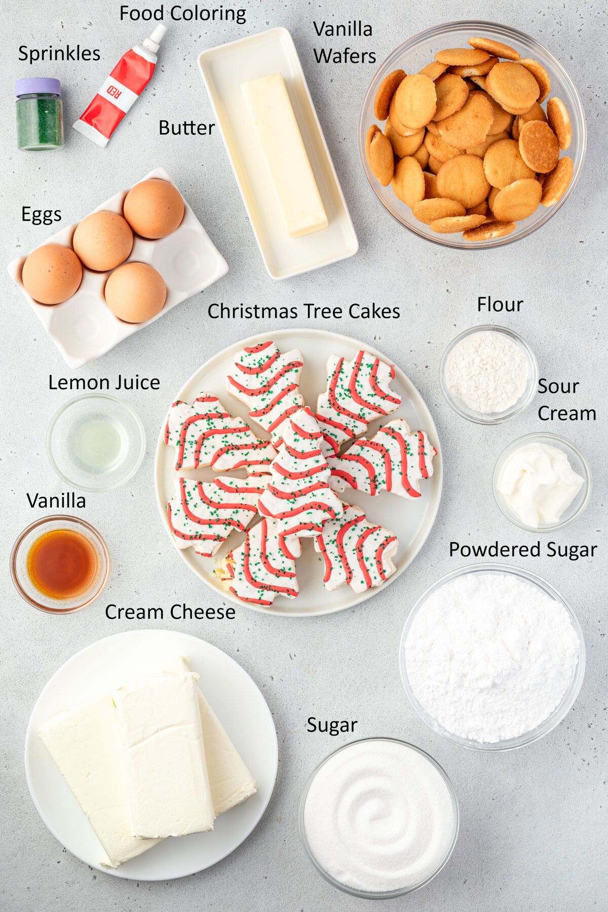 Little Debbie Christmas Tree Cheesecake ingredients in individual bowls.