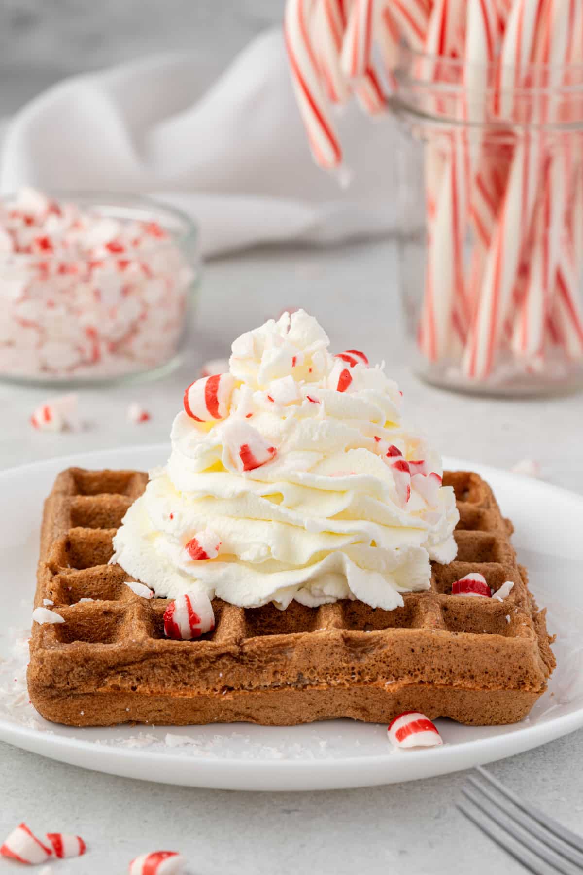 Chocolate waffle on a plate topped with whipped cream and candy canes.
