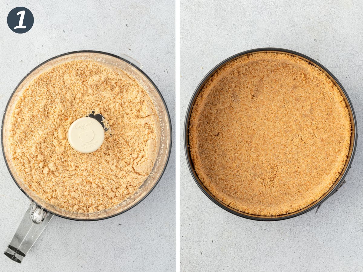 2 images showing vanilla wafer crumbs in a food processor, and then the crust packed in a springform pan.