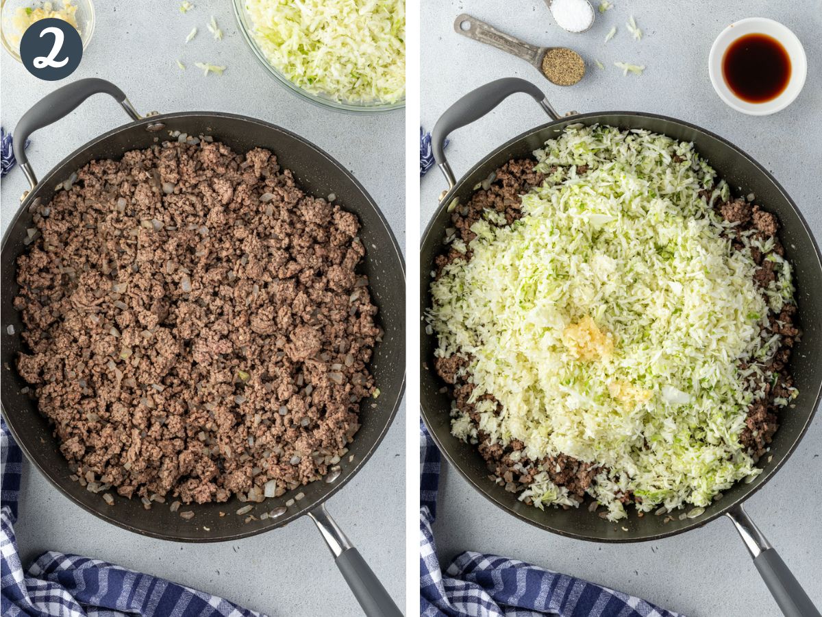 2 images: Cooked ground beef in a large skillet, and cabbage and garlic added to pan.