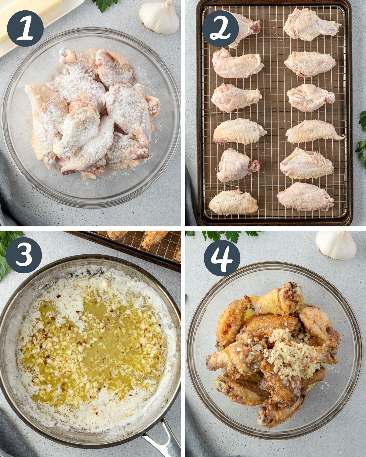 4 steps to make chicken wings: in a bowl with spices, on a baking sheet, pan of garlic butter, and wings in a bowl with sauce on top.