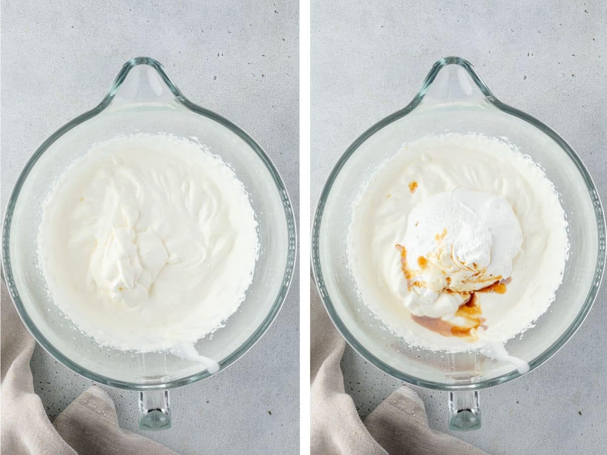 2 images - One of a mixing bowl with thickened whipped cream and the other has the remaining ingredients added.