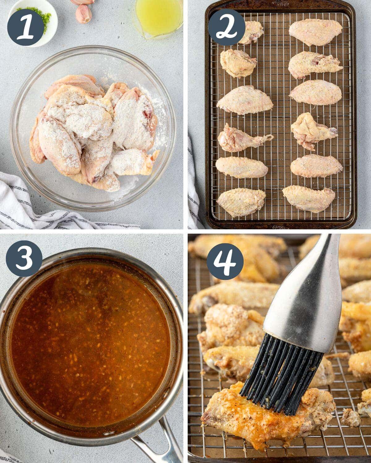 4 images showing the steps to make the recipe, including chicken in a bowl, on a baking sheet, sauce in a pan, and brushing onto the wings.