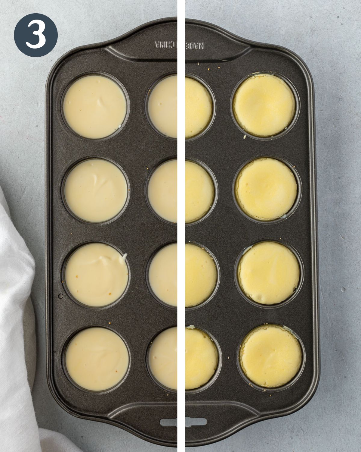 Split image, half showing unbaked cheesecakes in mini cheesecake pan and other showing them baked.