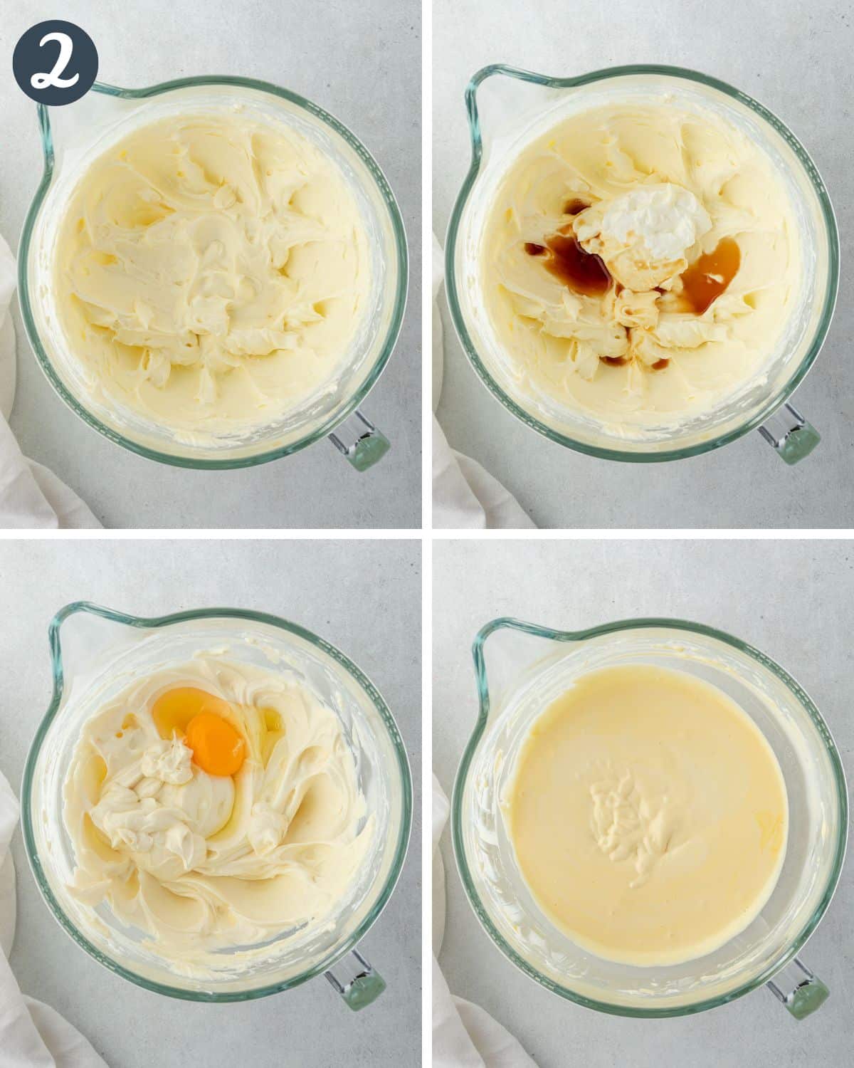 4 images showing the cheesecake filling in various stages of preparation.