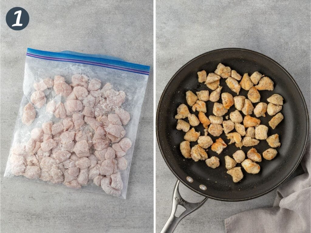Two images: Chicken pieces coated in flour in a large clear bag, and then browned in a skillet.