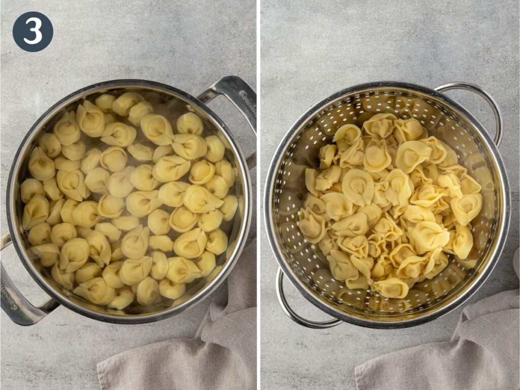 Two images: Totellini in a large pot of hot water, and then drained in a colander.
