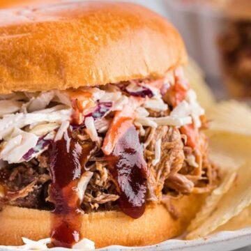 A pulled pork sandwich with cole slaw and bbq sauce on the sandwich, and a brioch bun.