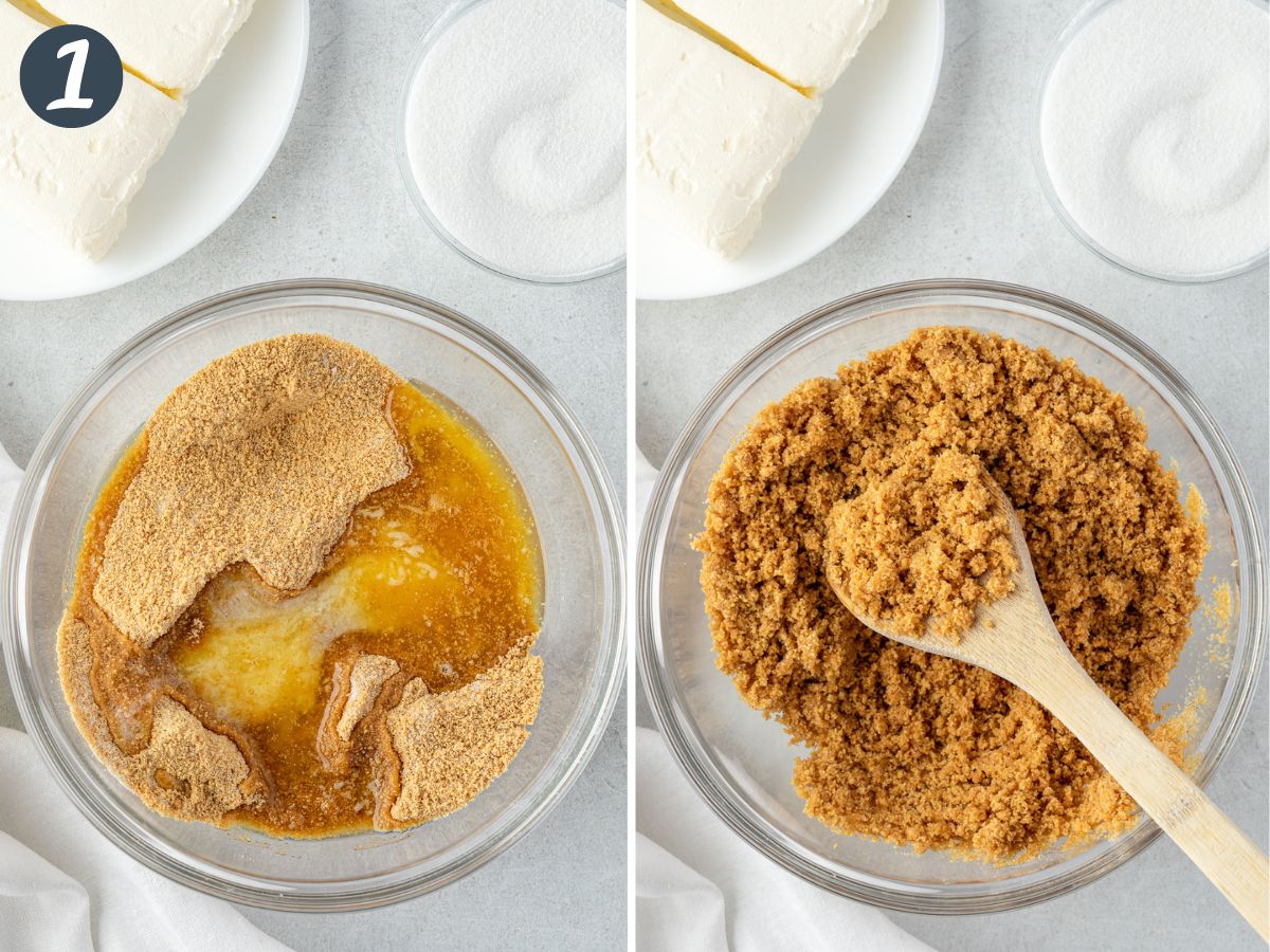 Two images: 1) crust ingredients in a bowl, 2) mixed together with a wooden spoon.