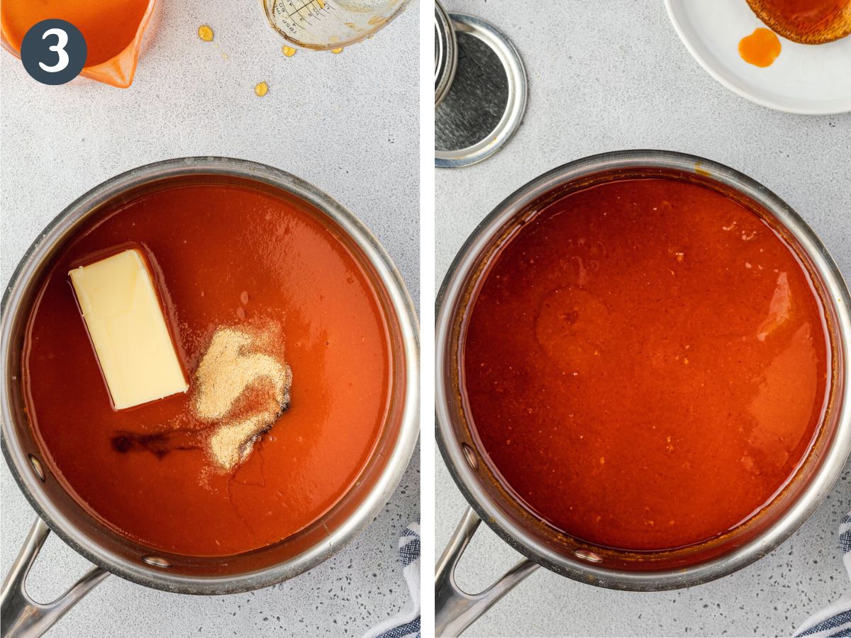 Two images showing ingredients in a pan and then showing the finished sauce in a pan.