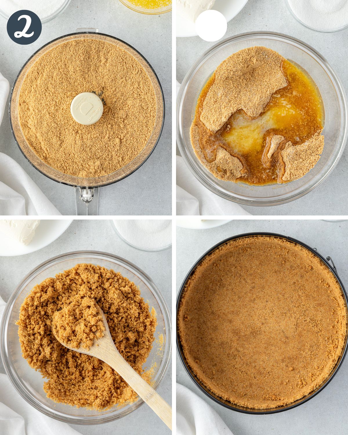 4 images showing the steps to make a graham cracker crust.