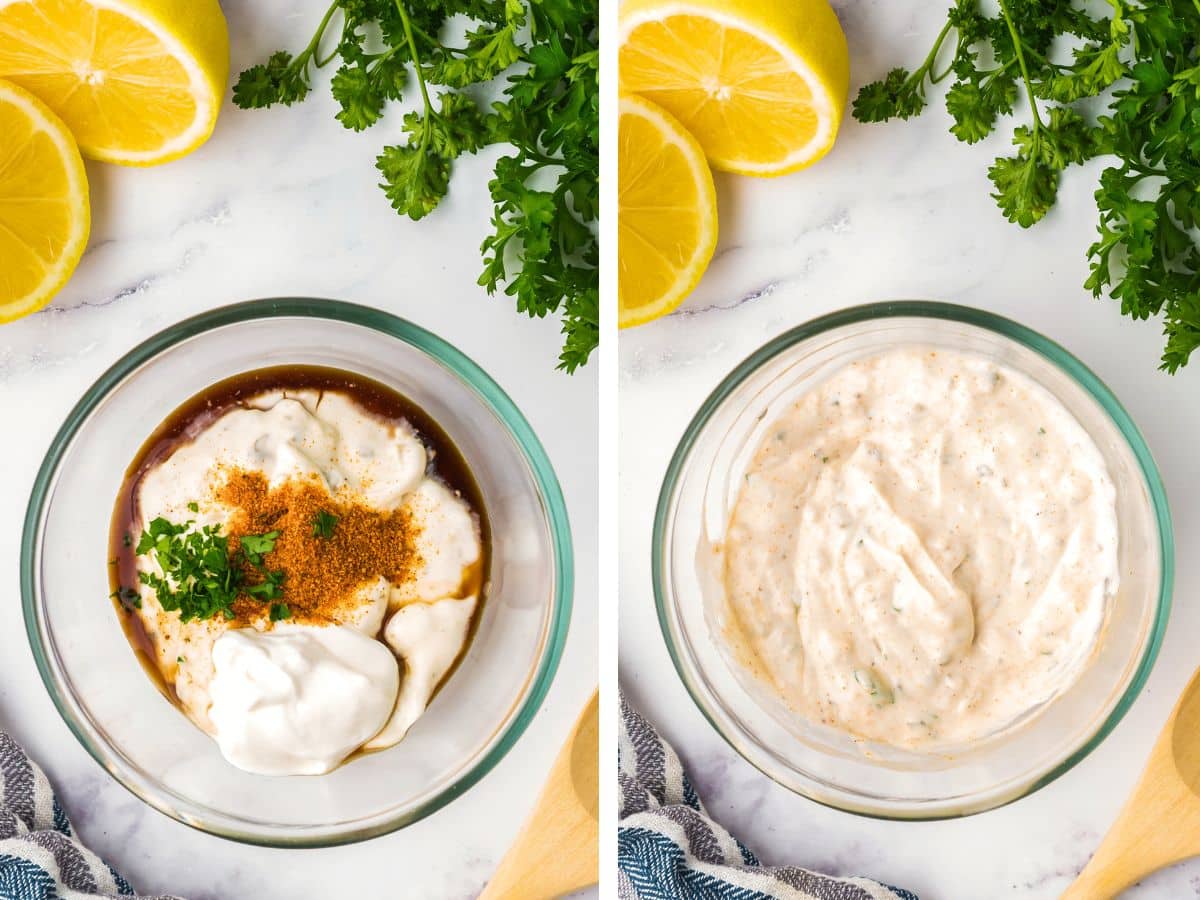 Two images showing the recipe ingredients in a bowl and then all mixed together.