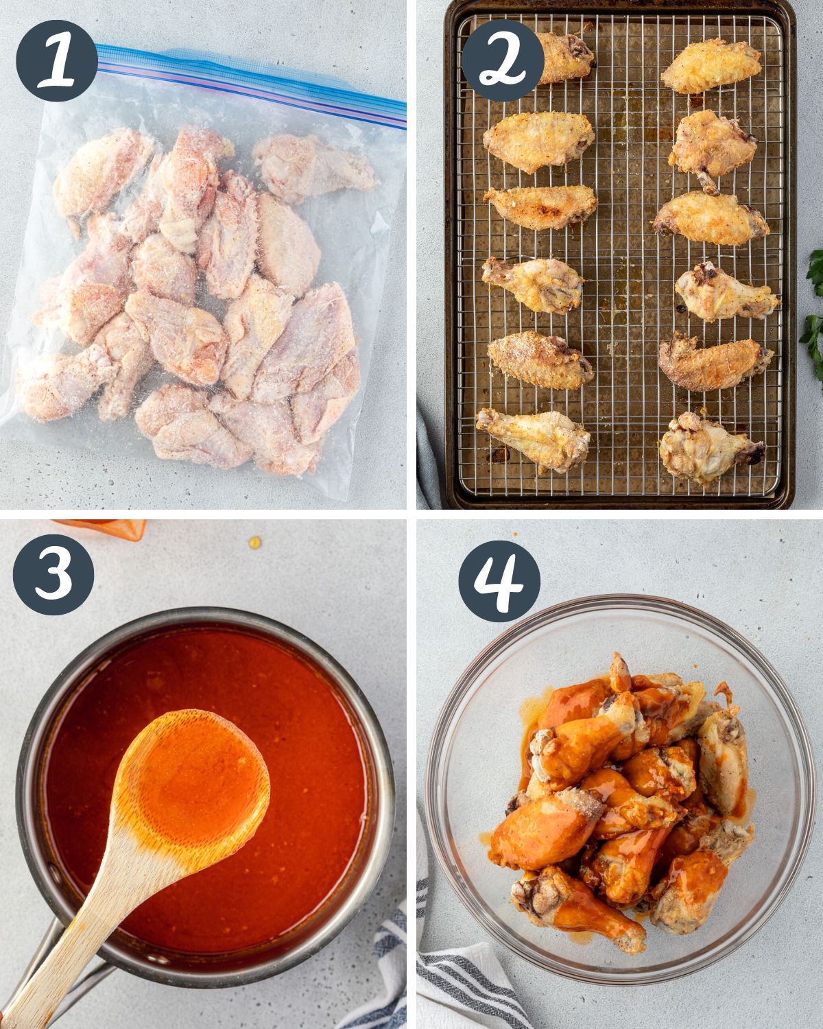 4 images showing the steps to make the recipe including wings in clear bag, on sheet pan, sauce in pan, and sauce poured over wings in bowl.