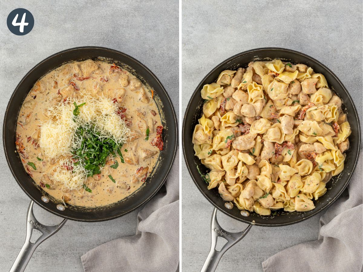 Two images showing Parmesan and basil added to skillet, then the completed dish all mixed together.