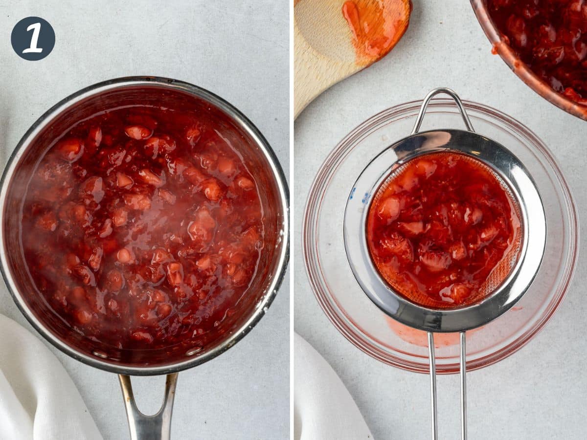 Two images: 1) A pot of simmering strawberry sauce in a pan. 2) Strawberries in a mesh sieve.