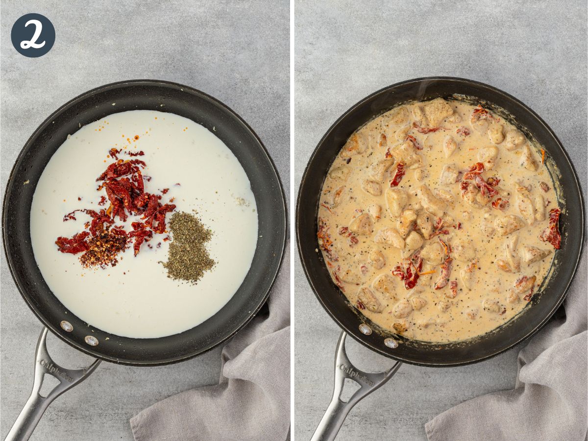 Two images showing cream, sundried tomatoes, and seasoning in skillet, then stirred together with chicken added.
