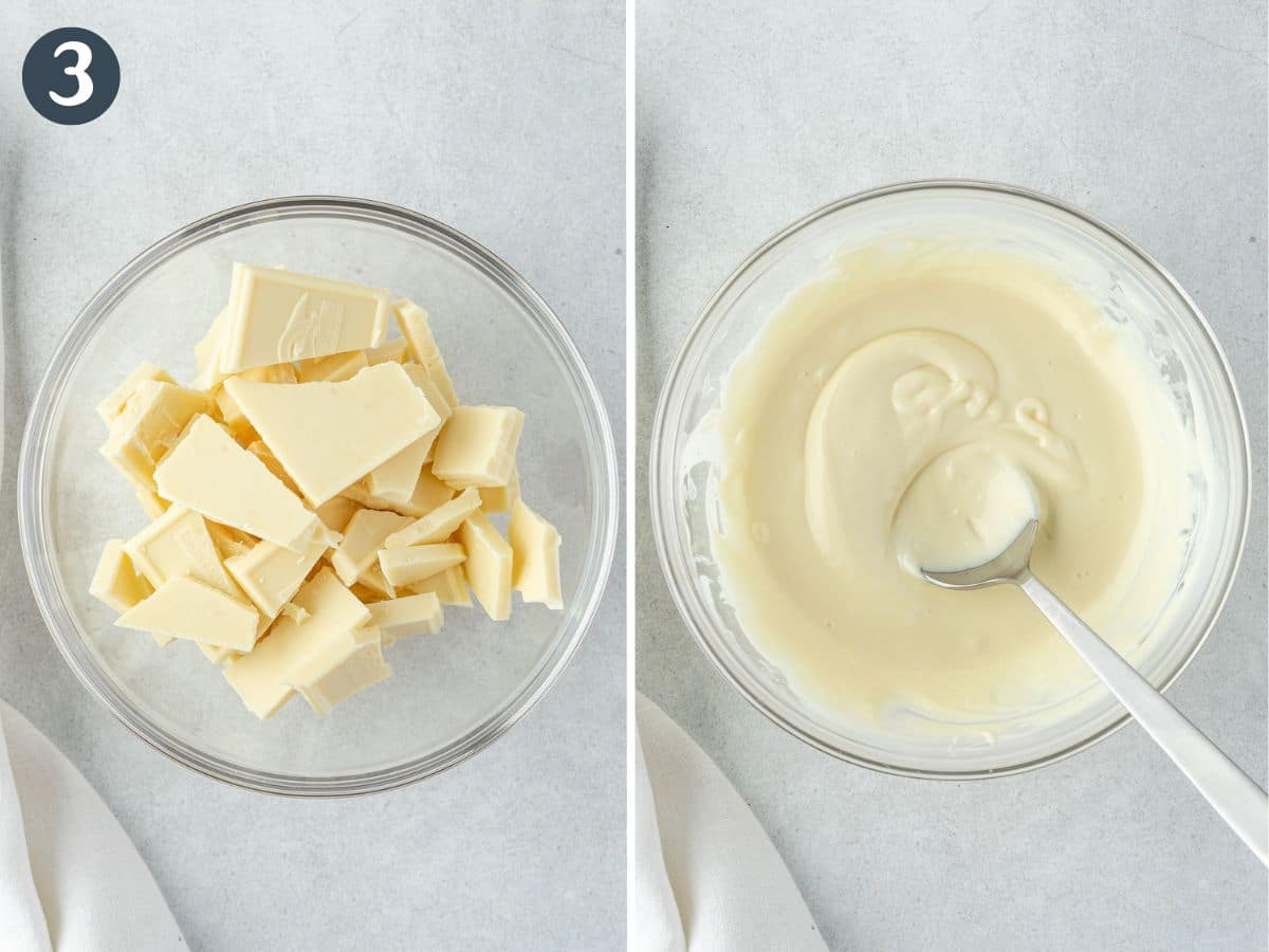 Two images: 1) A bowl of broken white chocolate pieces. 2) Melted chocolate in a bowl with a spoon.