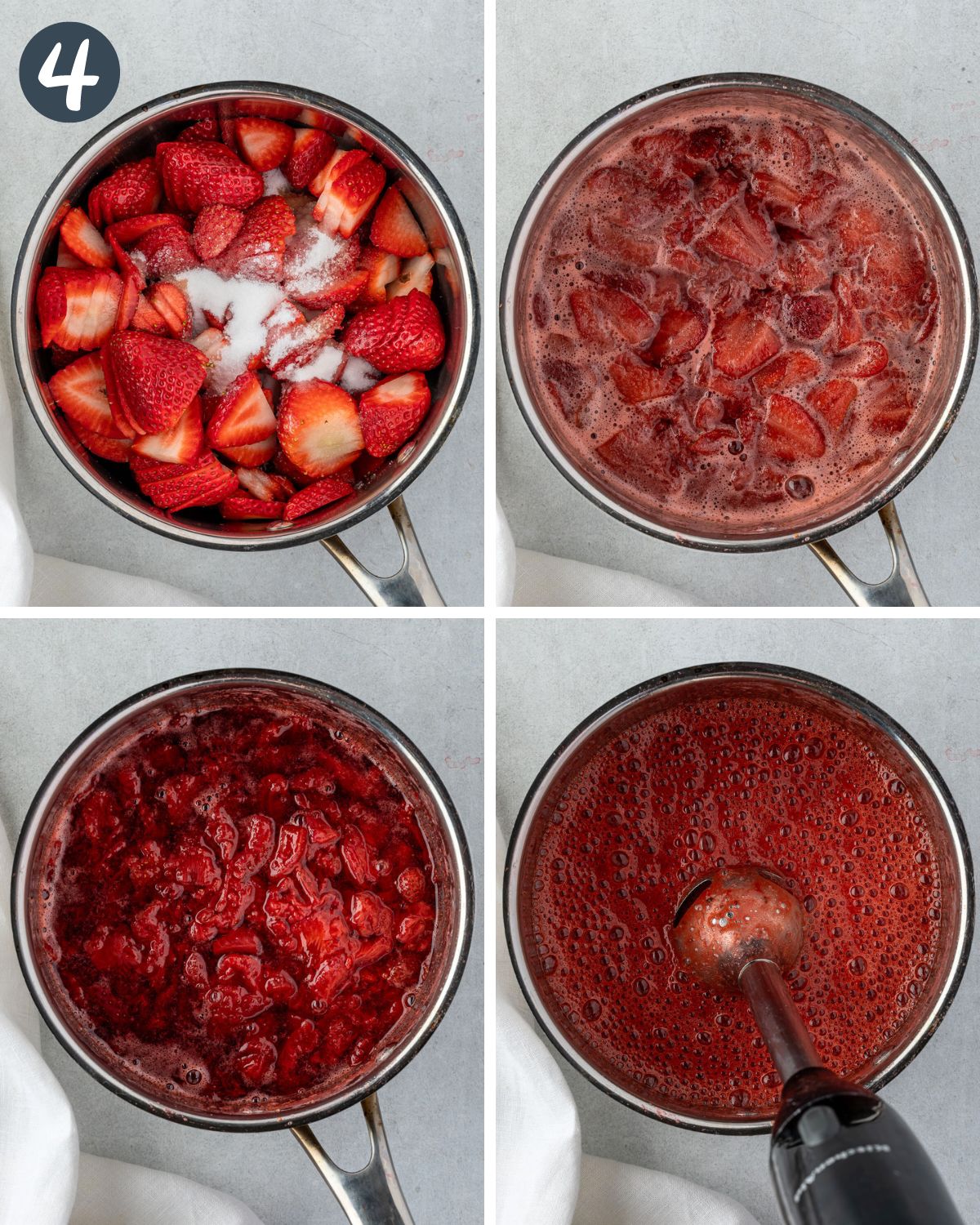 4 images showing the process of making strawberry sauce: Ingredients in pan, boiling, thickened, and blended.