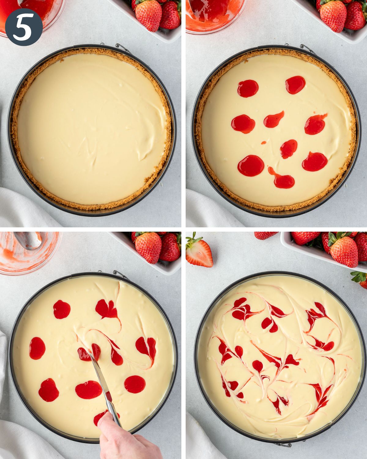 4 images: 1) Cheesecake filling in pan. 2) Strawberry dollops. 3) Knife swirling sauce. 4) Ready to bake.