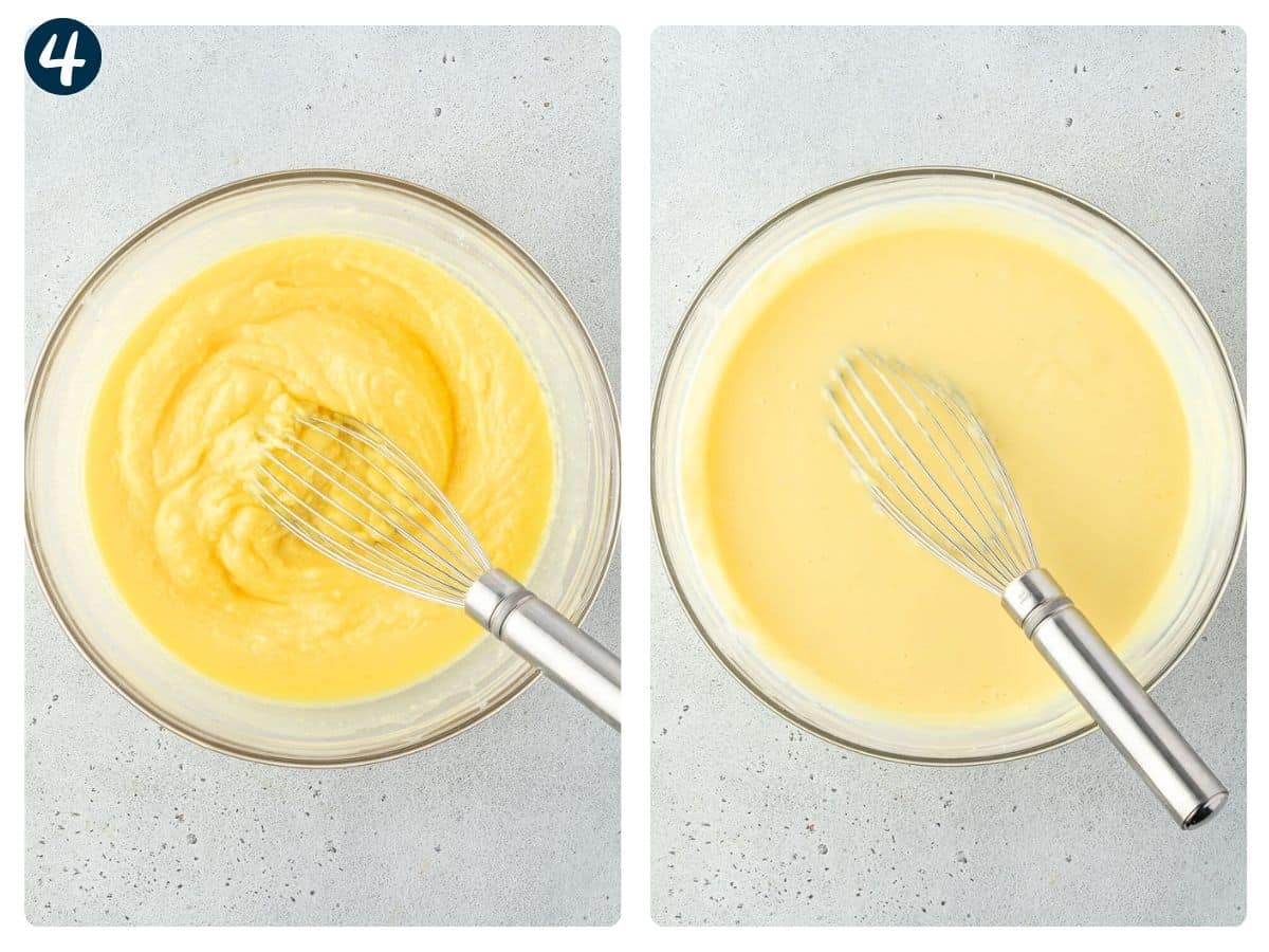 2 images: Thick pudding in a bowl with a whisk, then thinner with the condensed milk added.