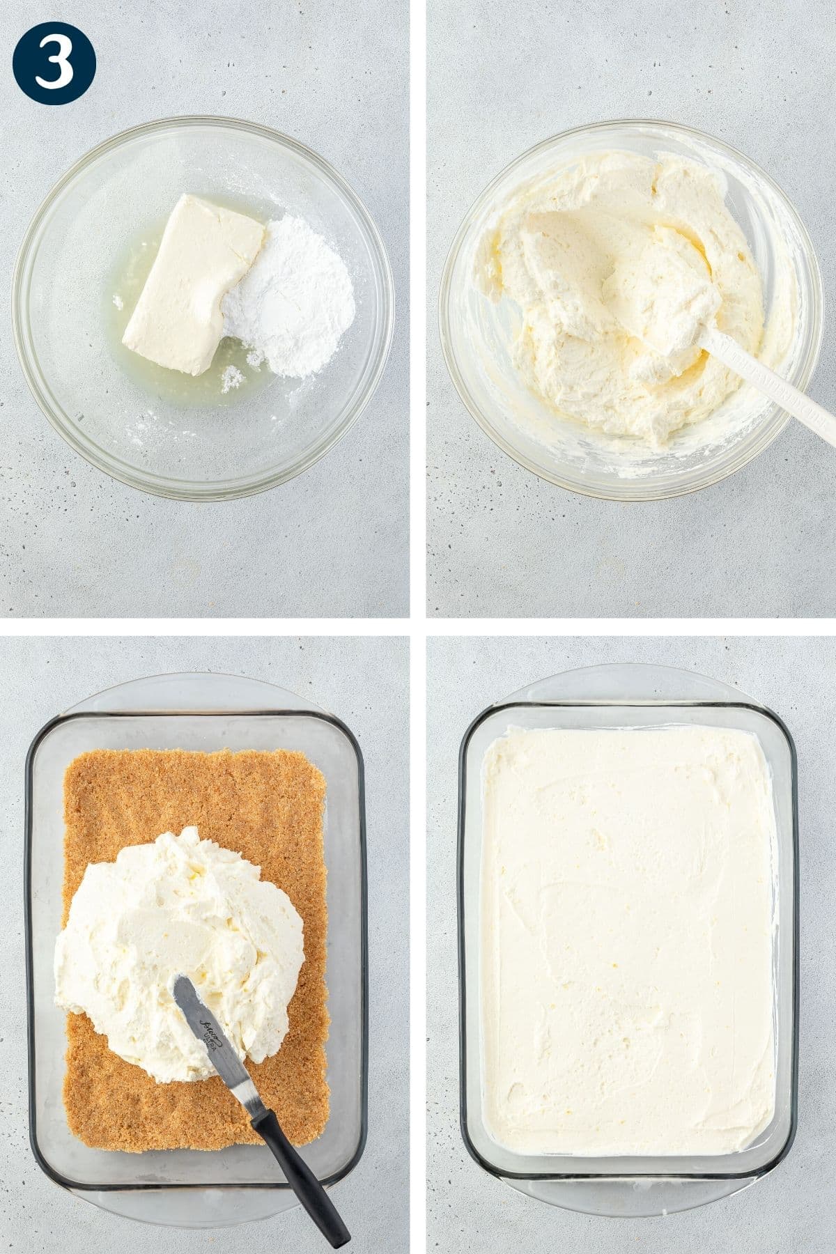 4 images showing the cheesecake filling ingredients in a bowl, blended together, and spreading onto the crust.