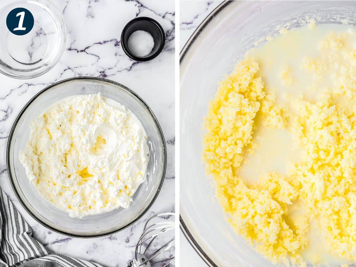 Collage showing how to make butter with whipping cream, with buttermilk starting to separate from the fat.