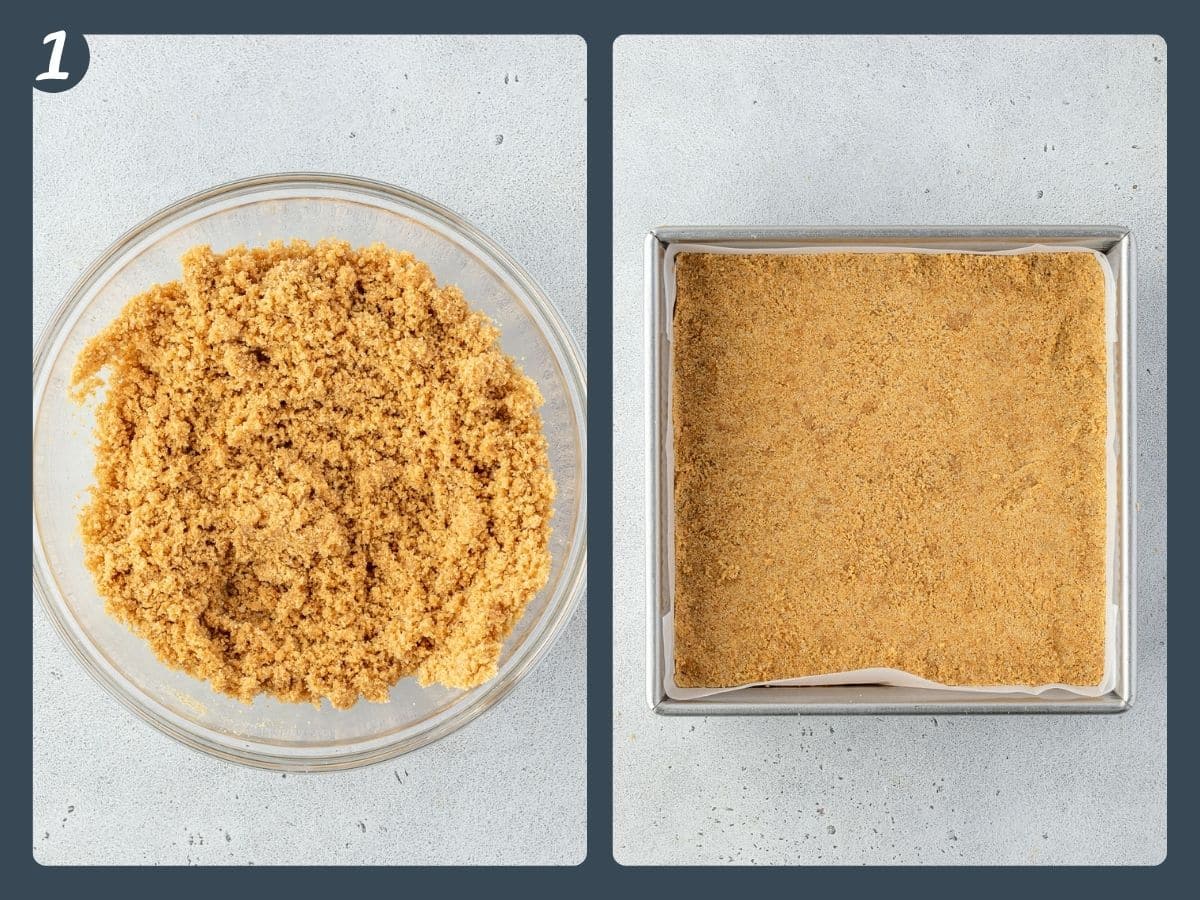 Two images showing the graham cracker crust ingredients in a bowl and then pressed in a square pan.