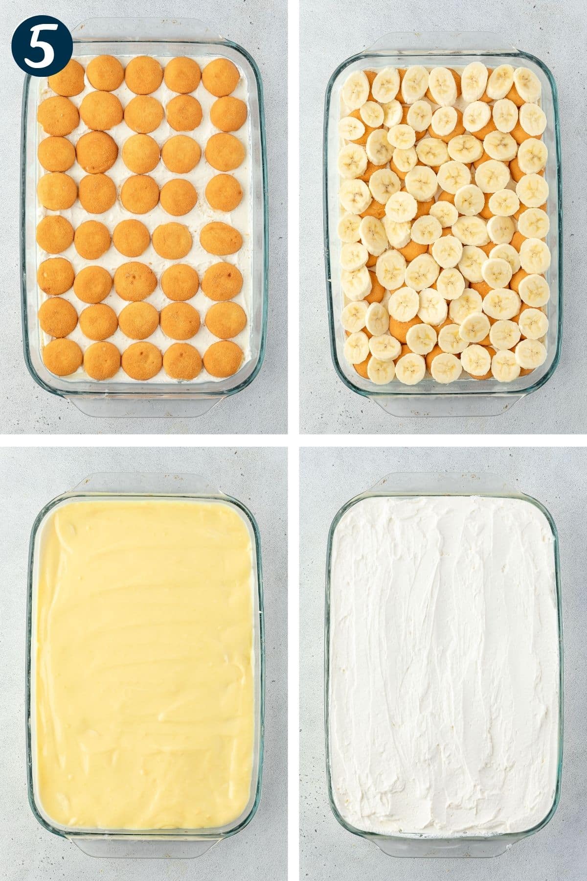 4 images showing the layers of the banana split lasagna: cookies, bananas, pudding, then whipped cream.