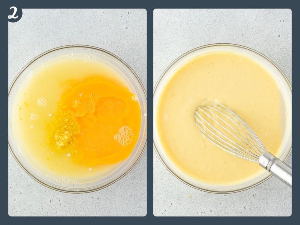 Two images showing the filling in a bowl before and after mixing.