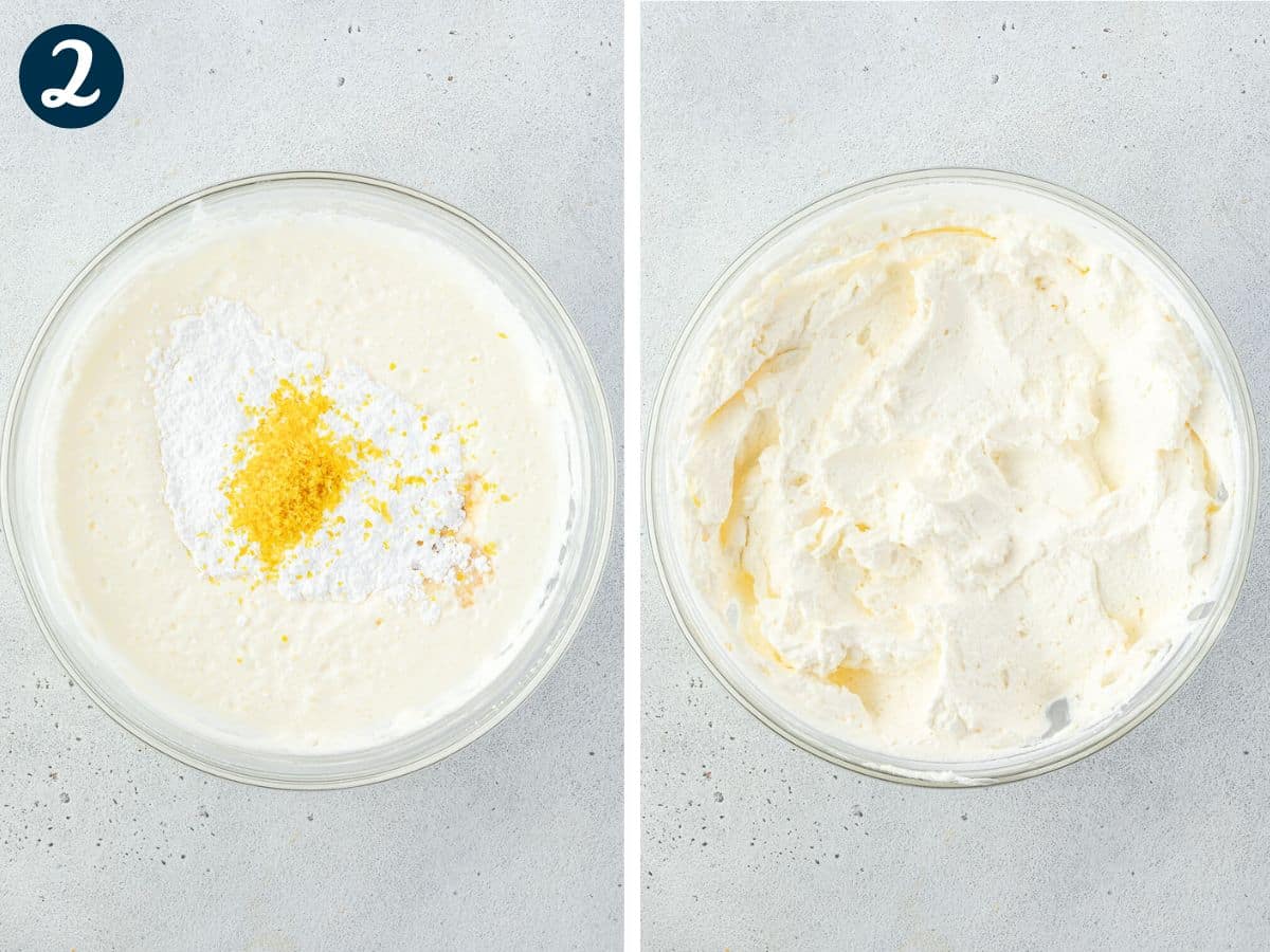 Two images: Thick cream in a bowl with lemon zest and sugar on top, then fluffy whipped cream.