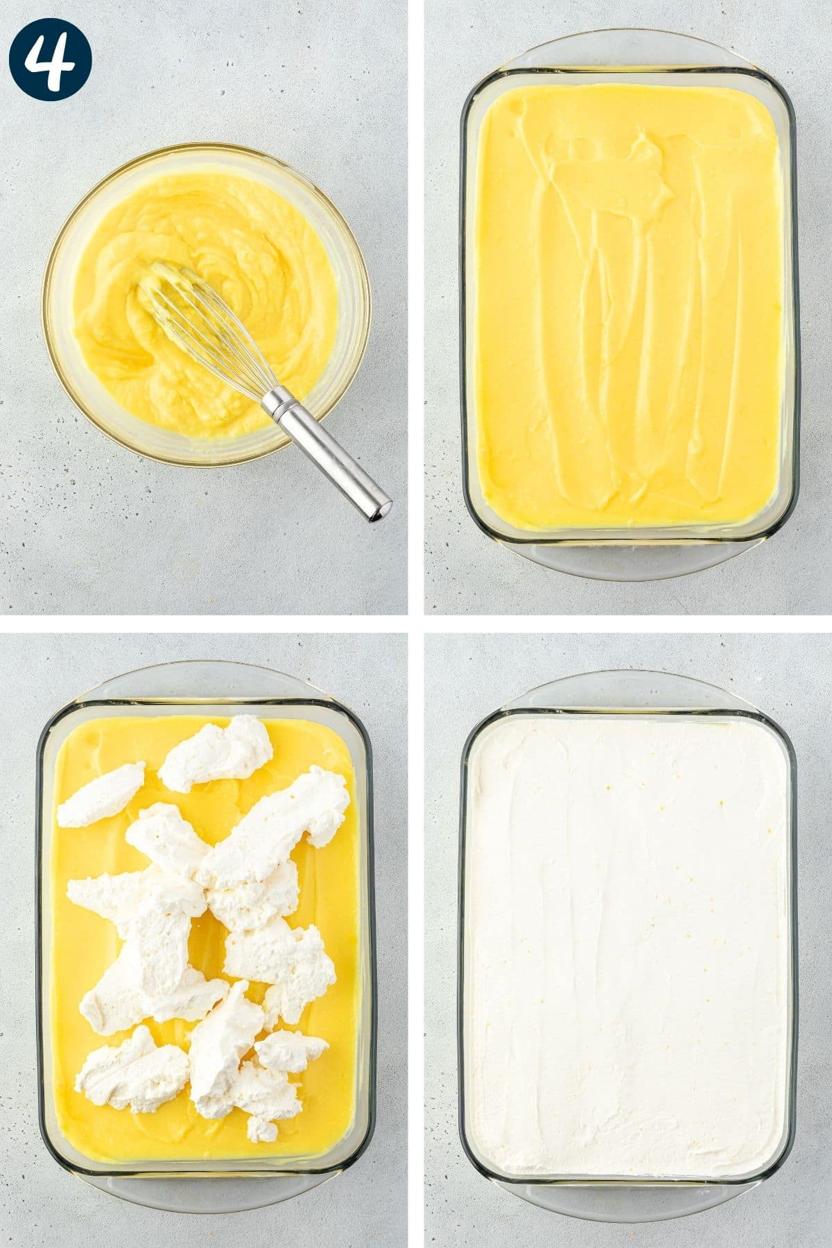 4 images: Lemon pudding in bowl with whisk, spread onto dessert, whipped cream dolloped on dessert, then spread.