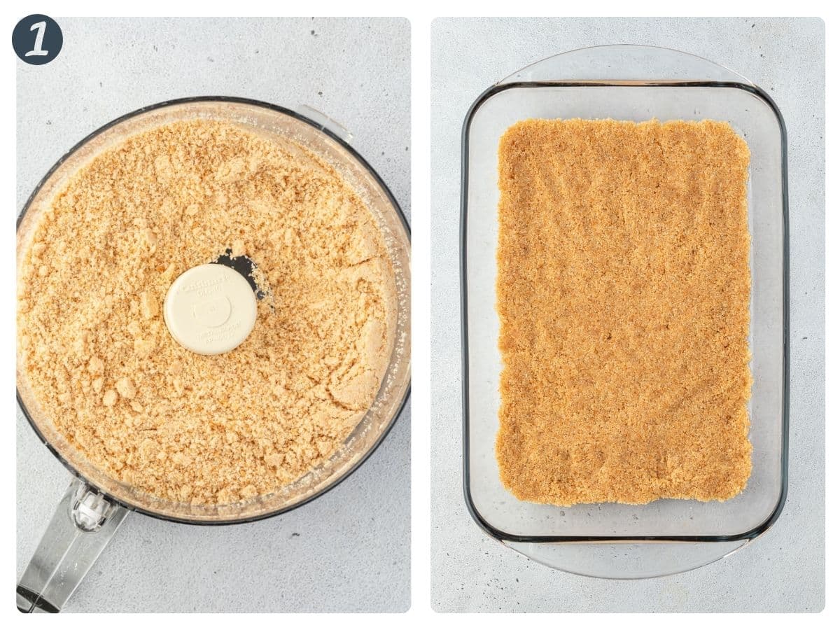 2 images: Wafer crumbs in a food processor, and the crust in a 9x13 pan.