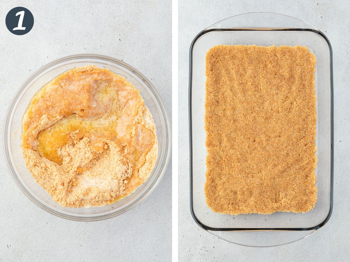 Two images, a bowl of vanilla wafer crumbs with melted butter and a 9x13 pan with the crumb mixture pressed into the bottom.