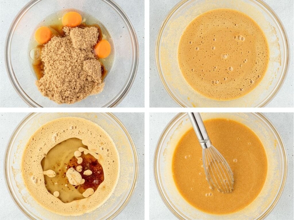 Four bowls showing steps: mixing eggs, brown sugar, and blending ingredients with a whisk for baking preparation.
