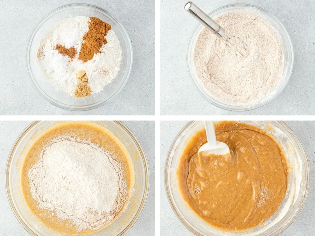 Four bowls showing dry ingredients, whisked mixture, flour added to wet mix, and final blended batter.