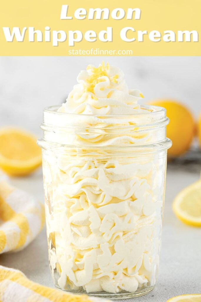 Pinterest pin that syas "lemon whipped cream" and has image of whipped cream in a glass jar with lemons.